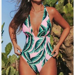 Cupshe PINK PALM ONE-PIECE SWIM